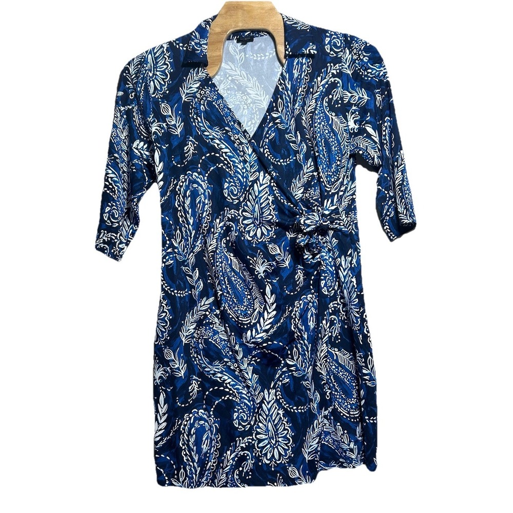 Talbots Plus‎ Dress Womens 2X Blue Paisley Shirt Dress 3/4 Sleeve Stretch Nylon